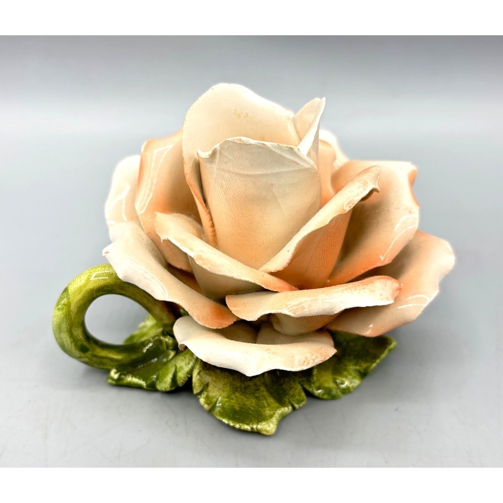 Vtg italy Ceramic‎ Rose Flower Candle Holder w/ Handle